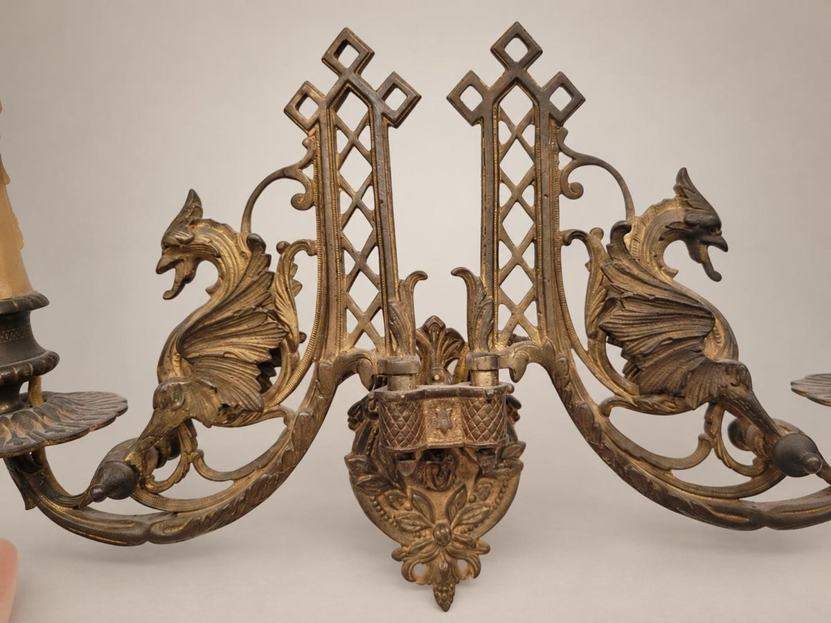 Pair of French Aesthetic Movement Patinated Metal Dragon Motif Two-Light Wall Sconces