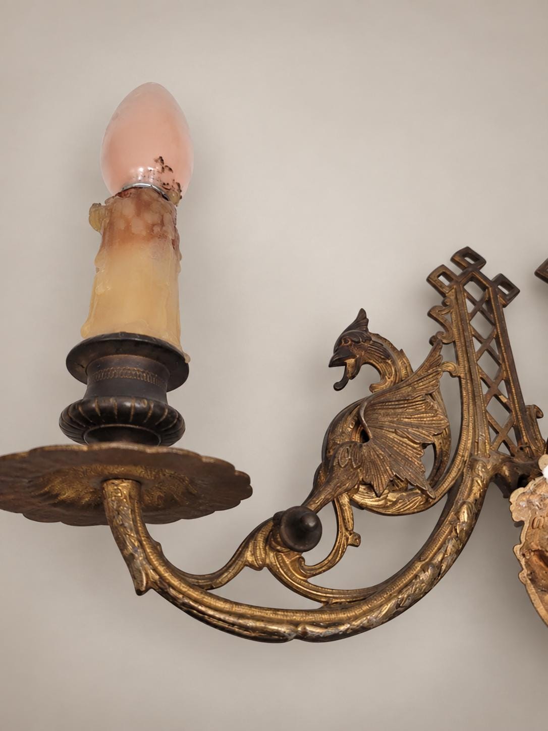 Pair of French Aesthetic Movement Patinated Metal Dragon Motif Two-Light Wall Sconces