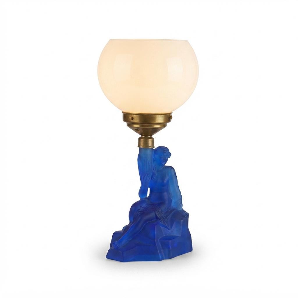 Art Deco Lady Lamp, Walther and Sohne Attributed Blue Frosted Glass Figural Lamp with Globe — German, 1930s