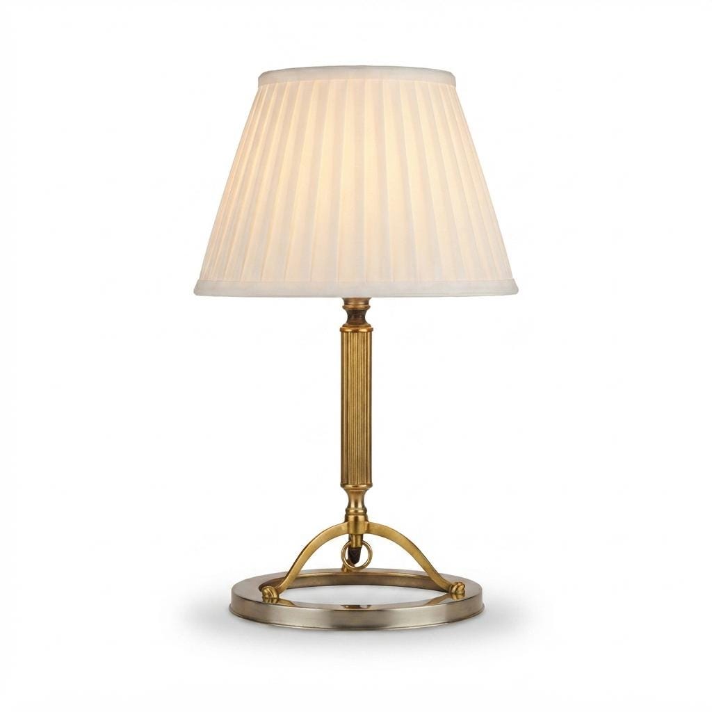 Mid Century Table Lamp, Ring Base Lamp with Arched Tripod and Reeded Column, Pleated Shade