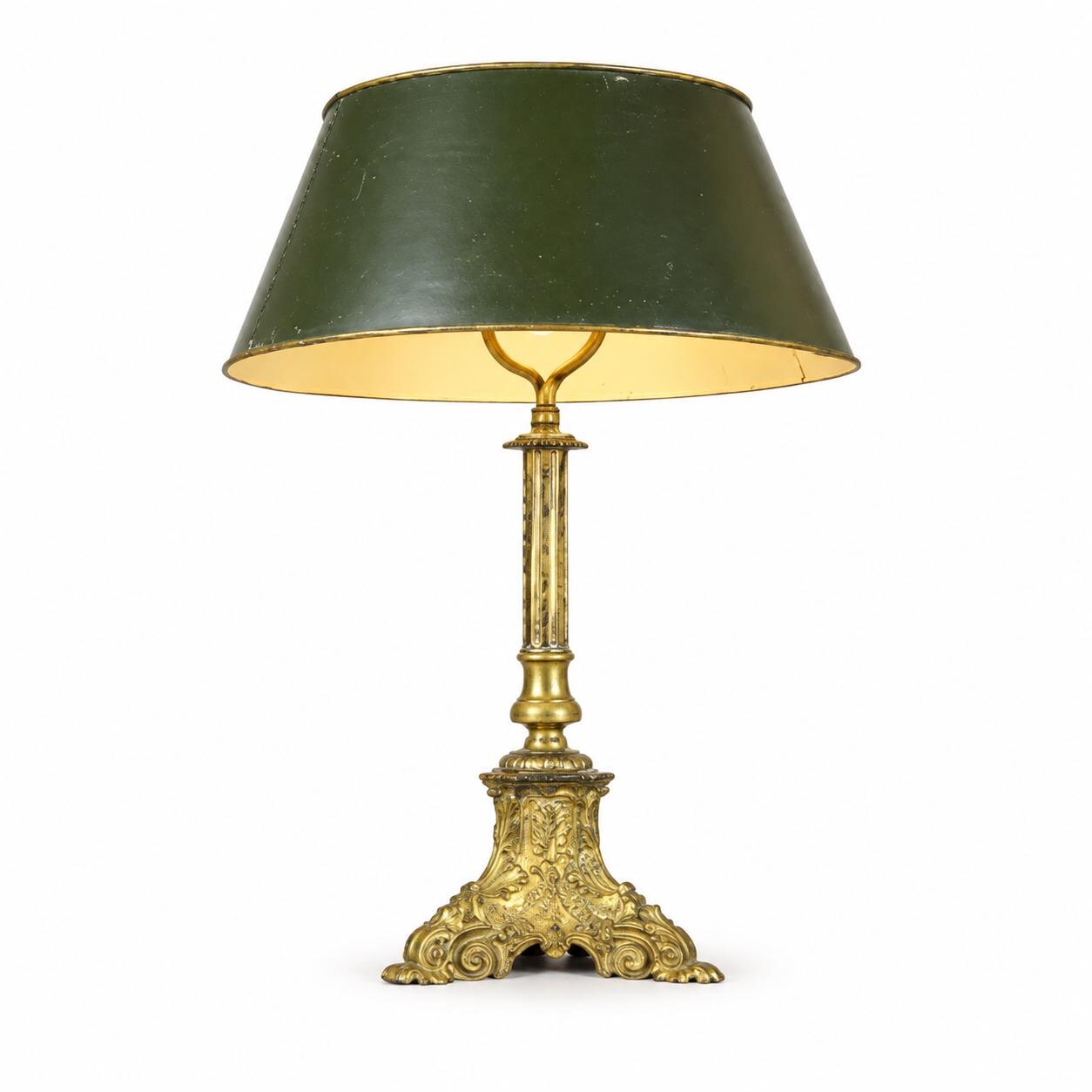 Candlestick Table Lamp, Gilt Tripod Base with Fluted Column and Green Tole Shade — French Style