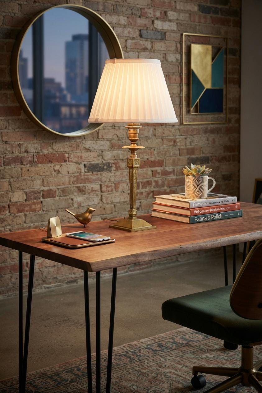 Gilt Metal Candlestick-Form Table Lamp, Fluted Column, Medallion Detail