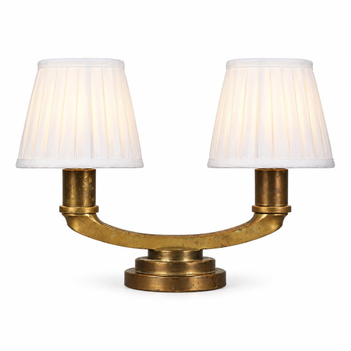 bronze Twin-Arm Table Lamp, Art Deco Style, Stepped Circular Base