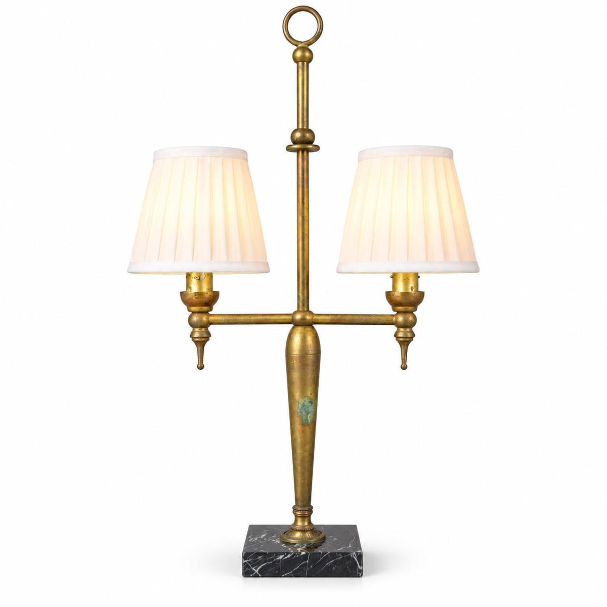 Gilt Brass Twin-Arm Table Lamp, Marble Base, Ring Finial, 1930s