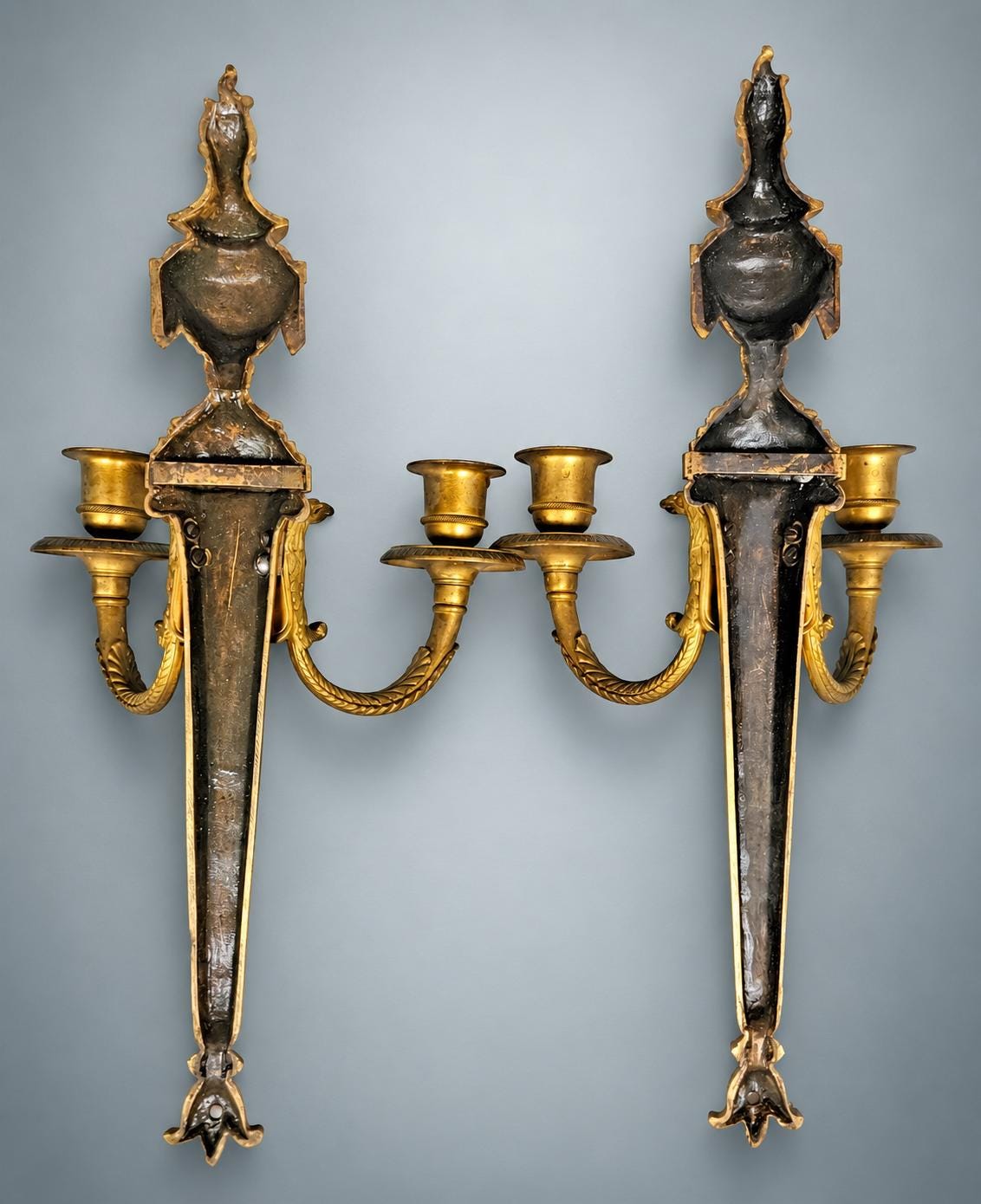 Pair of Antique French Gilt Bronze Candle Wall Sconces, Empire Flambeau Two-Arm — France, Early 19th Century