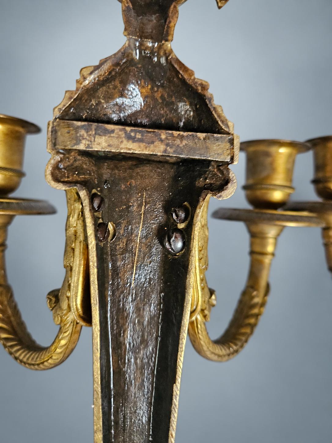 Pair of Antique French Gilt Bronze Candle Wall Sconces, Empire Flambeau Two-Arm — France, Early 19th Century