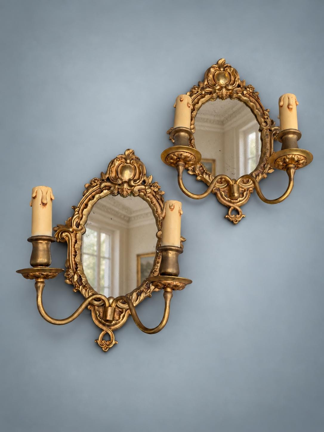 Pair of French Gilt Bronze Mirror Wall Sconces, Louis XV Rocaille Style — France, Early 20th Century