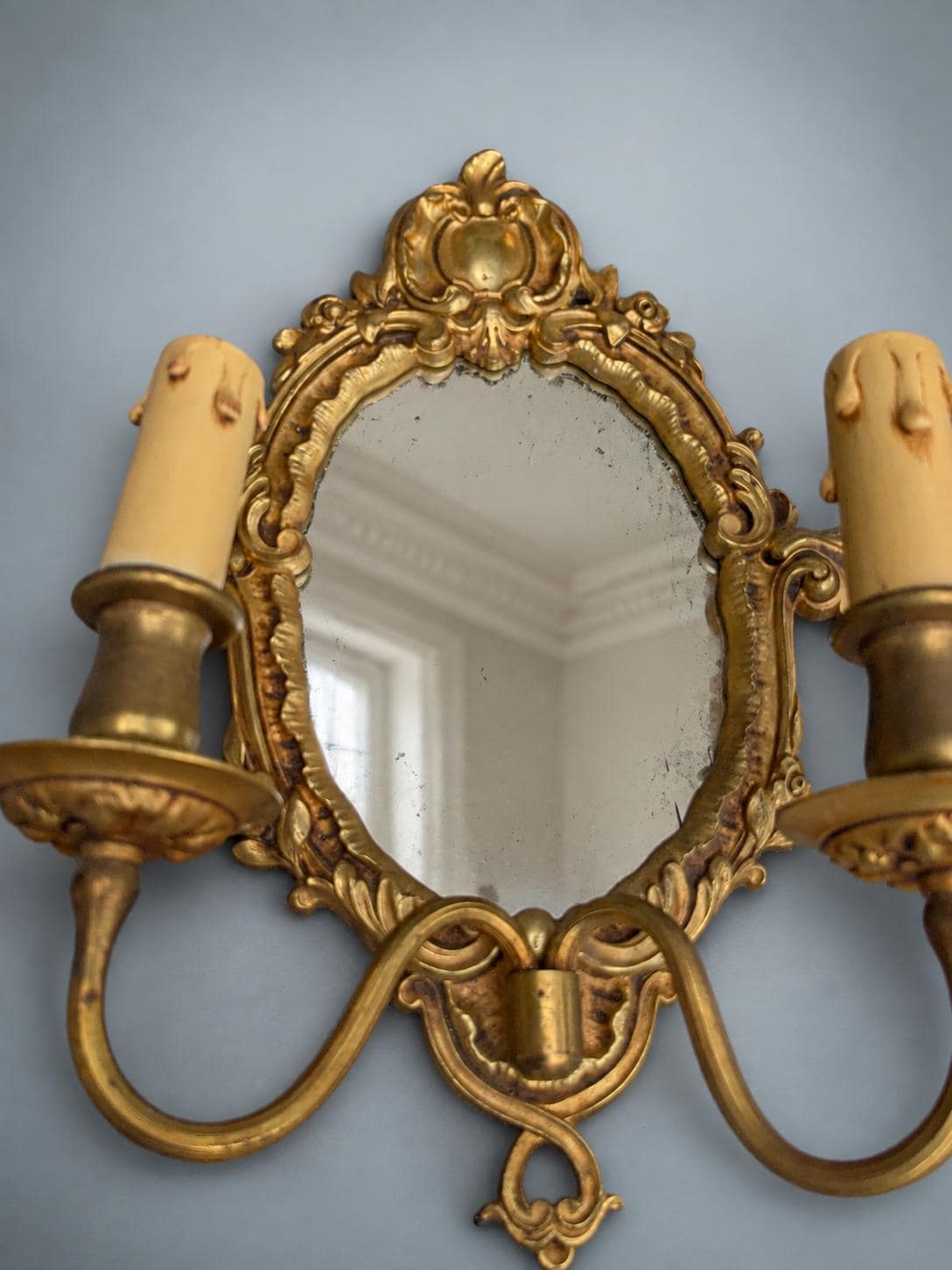 Pair of French Gilt Bronze Mirror Wall Sconces, Louis XV Rocaille Style — France, Early 20th Century