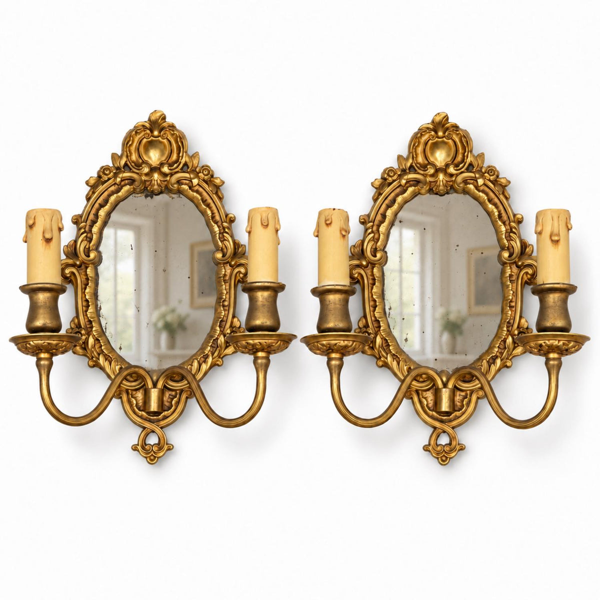 Pair of French Gilt Bronze Mirror Wall Sconces, Louis XV Rocaille Style — France, Early 20th Century