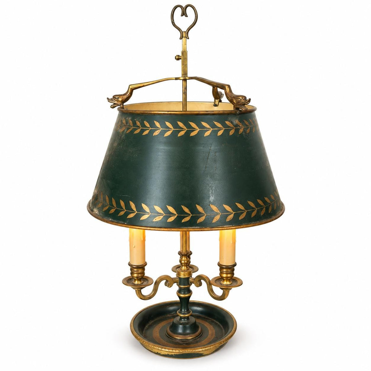 Antique French Three-Arm Bouillotte Lamp, Green Tole Shade with Gilt Laurel — France, Early 20th Century