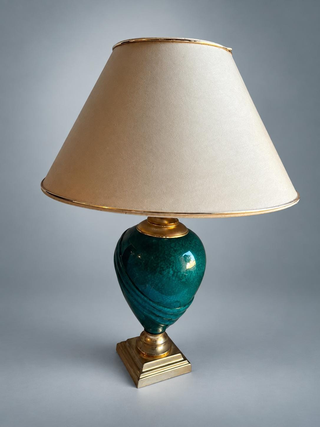Vintage French Table Lamp, Deschuyteneur, Malachite Effect Ceramic and Brass — France, circa 1970