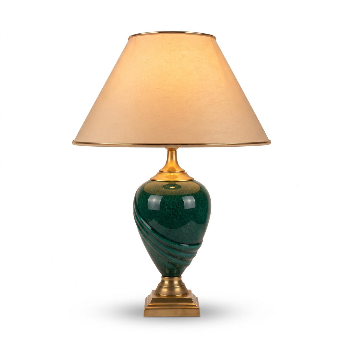Vintage French Table Lamp, Deschuyteneur, Malachite Effect Ceramic and Brass — France, circa 1970