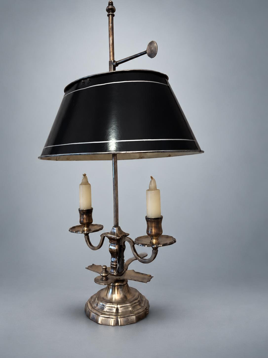 Antique French Bouillotte Lamp, Silvered Metal with Black Tole Shade — France, circa 1920