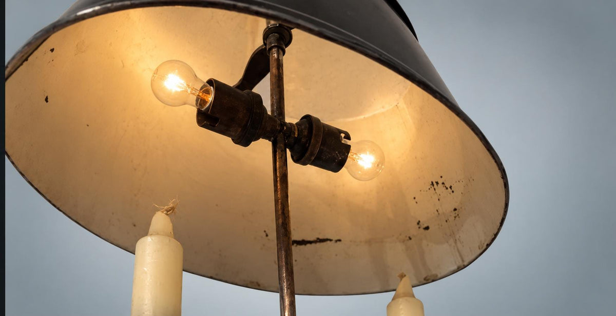 Antique French Bouillotte Lamp, Silvered Metal with Black Tole Shade — France, circa 1920