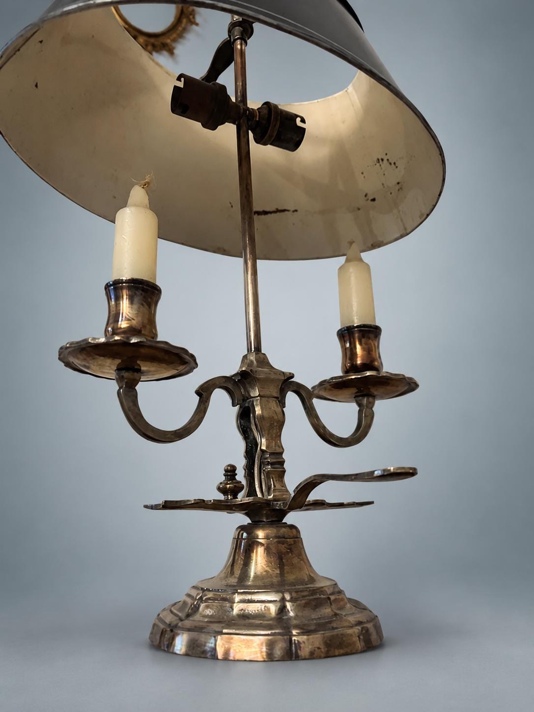 Antique French Bouillotte Lamp, Silvered Metal with Black Tole Shade — France, circa 1920