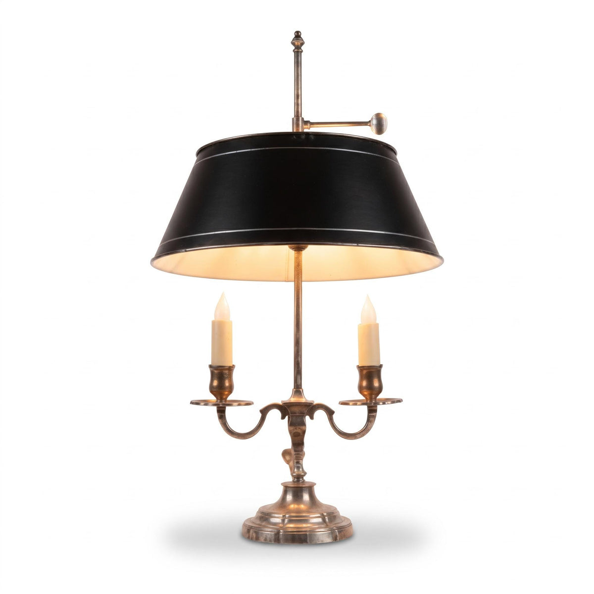 Antique French Bouillotte Lamp, Silvered Metal with Black Tole Shade — France, circa 1920