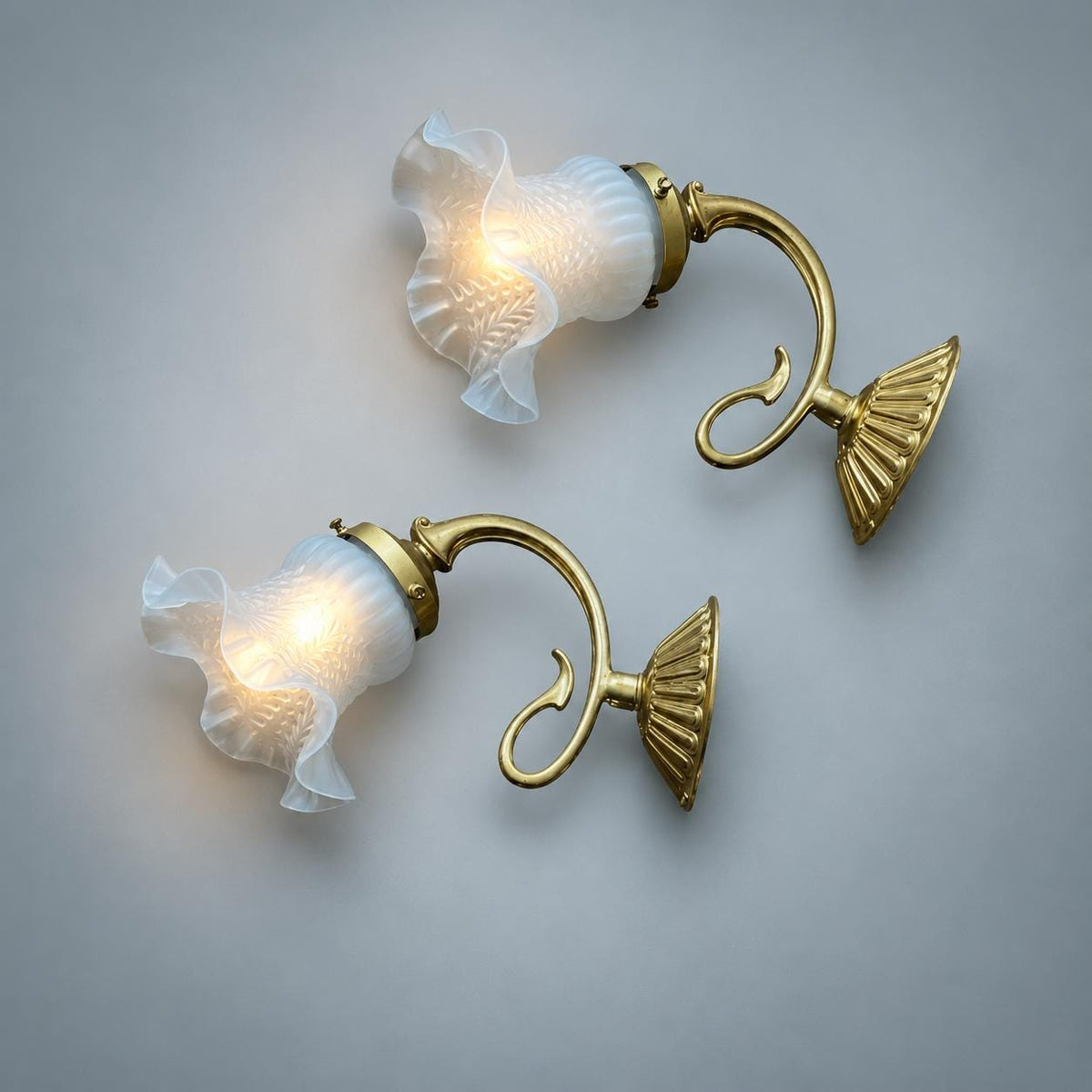 Pair of French Brass Swan Neck Wall Sconces, Frosted Glass Tulip Shades — France, Early 20th Century