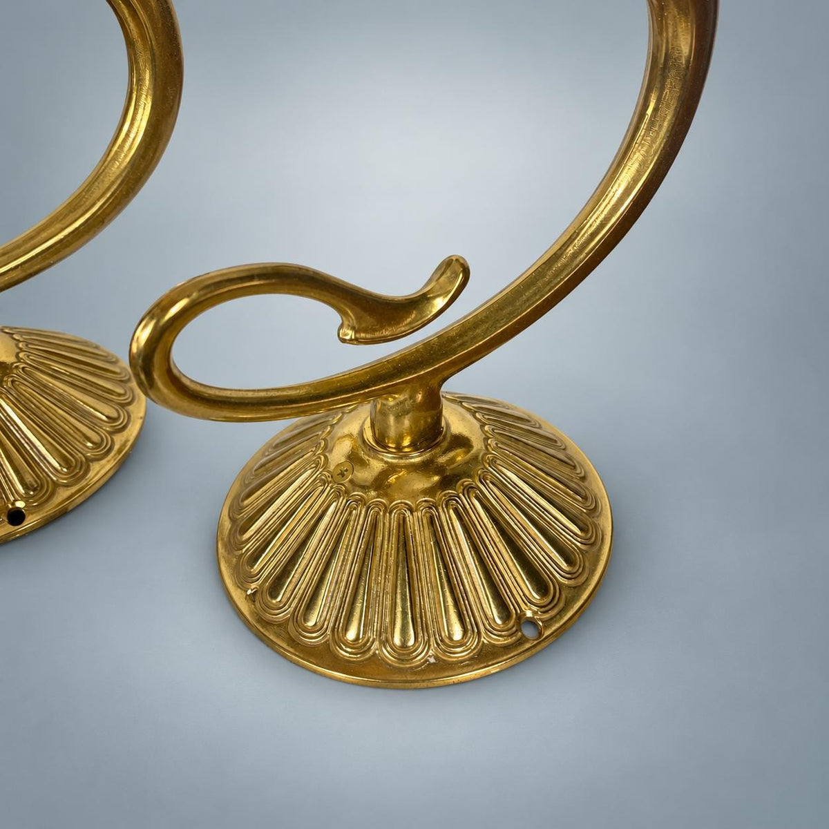 Pair of French Brass Swan Neck Wall Sconces, Frosted Glass Tulip Shades — France, Early 20th Century