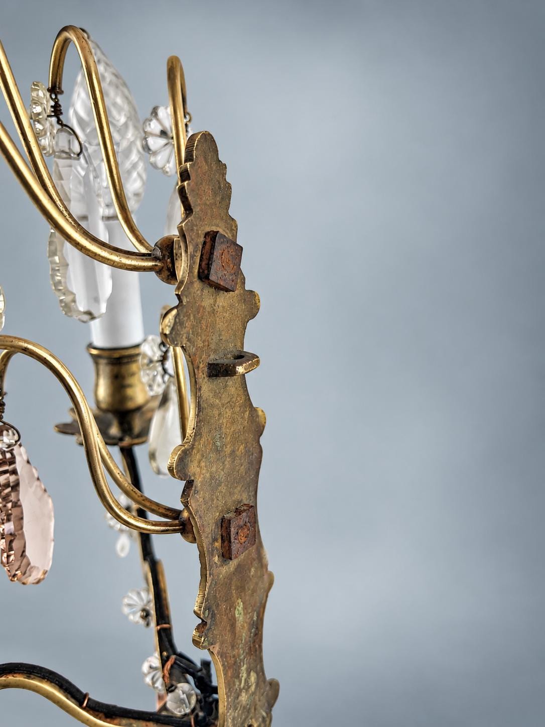 Pair of French Gilt Bronze Wall Sconces, Crystal Drops and Flower Pendants — France, Early 20th Century