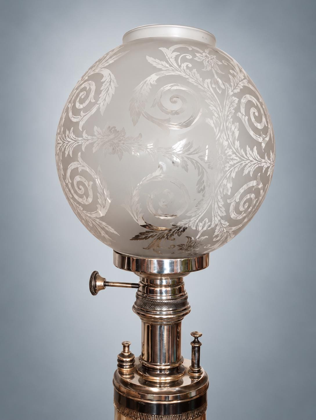 Antique Silver-Plated Table Lamp, Etched Glass Globe Shade, Converted Oil Lamp — Europe, Late 19th Century