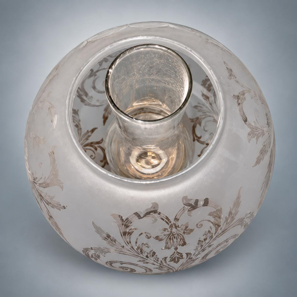 Antique Silver-Plated Table Lamp, Etched Glass Globe Shade, Converted Oil Lamp — Europe, Late 19th Century
