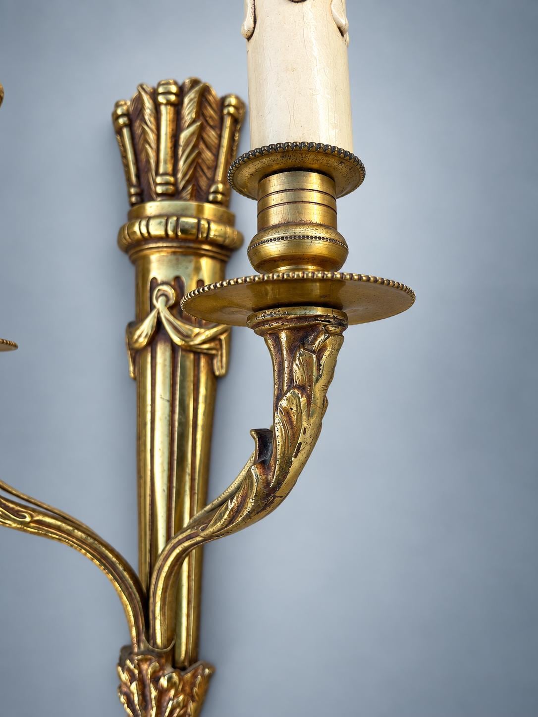 Pair of Antique French Gilt Metal Wall Sconces, Louis XVI Style — Scrolled Two-Light Torch-Form Sconces