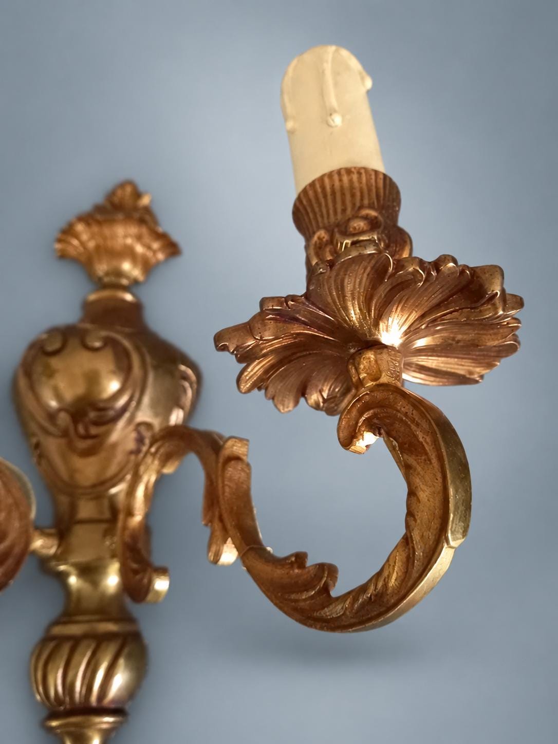 Pair of French Gilt Bronze Two-Arm Wall Sconces, Louis XV Rocaille Style — France, Early 20th Century