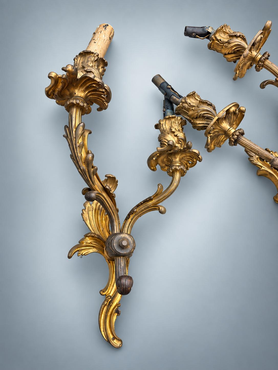 Pair of French Gilt Bronze Two-Arm Wall Sconces, Louis XV Rocaille — France, Early 20th Century