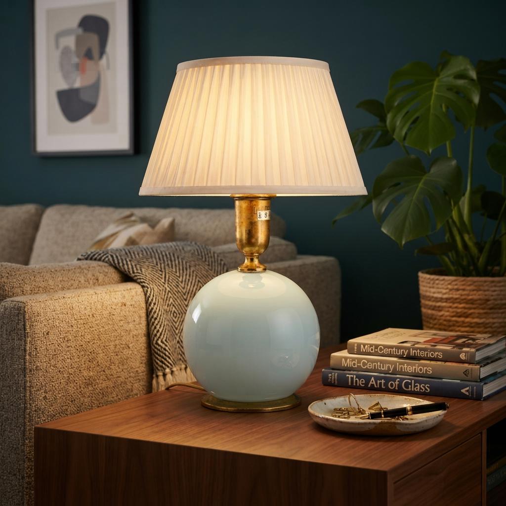 Italian Table Lamp, Zonca Blue Opaline Glass Globe Lamp — Italy, 1960s, Marked