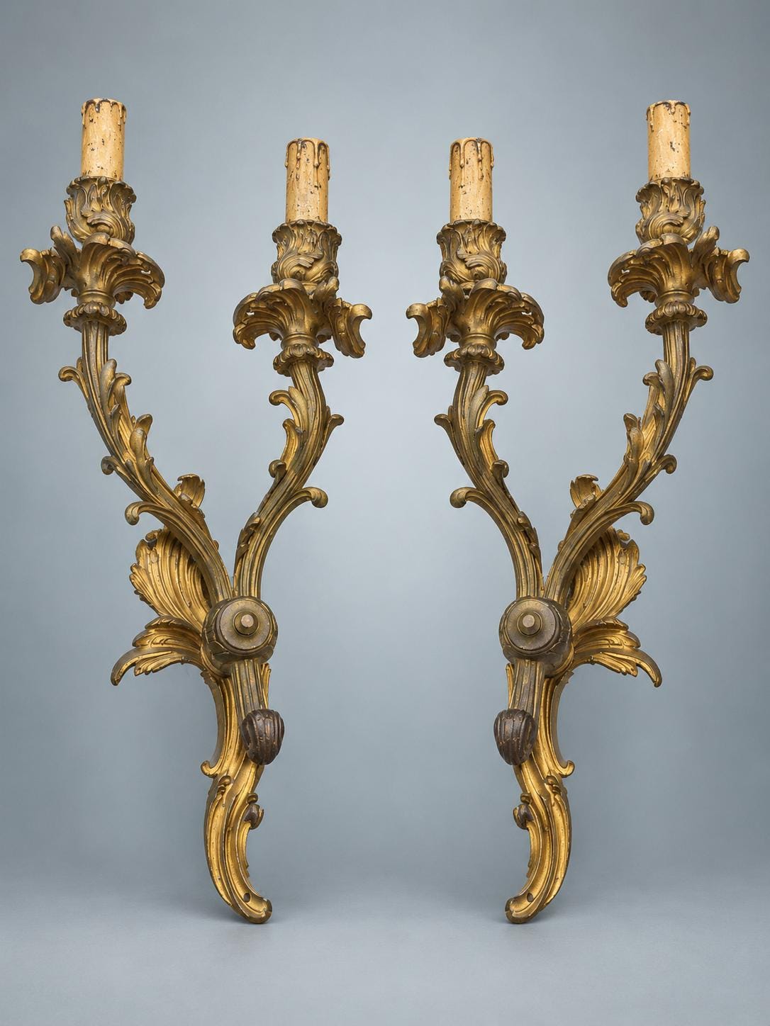 Pair of French Gilt Bronze Two-Arm Wall Sconces, Louis XV Rocaille — France, Early 20th Century