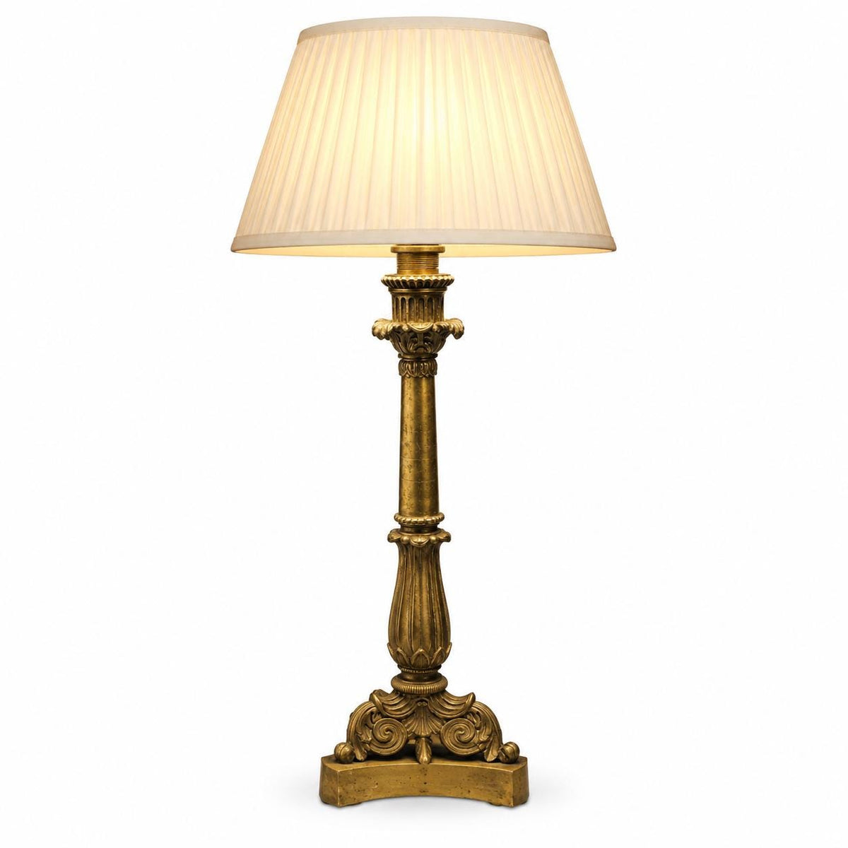 French Candlestick Table Lamp, Foliate Stem on Scrolled Tripod Base, Patinated Metal — Early 20th Century