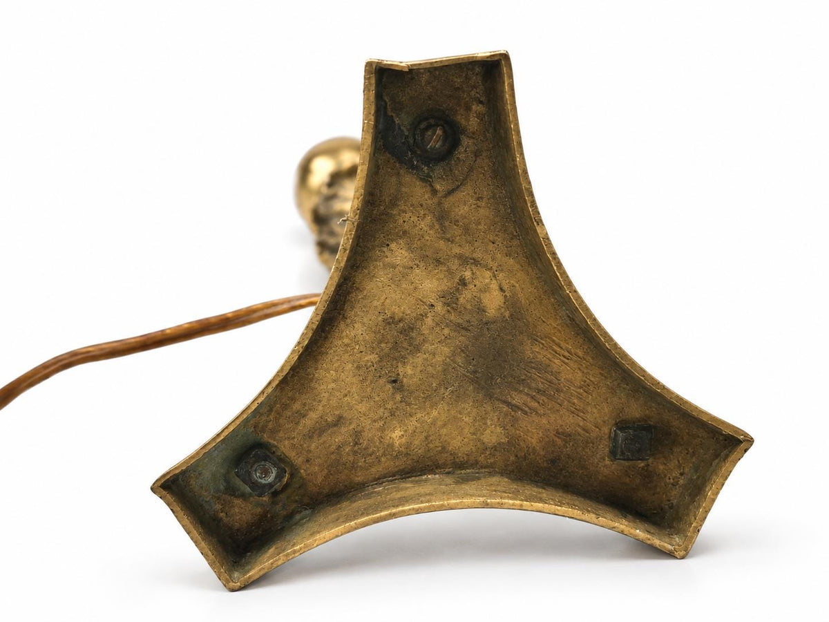 French Candlestick Table Lamp, Foliate Stem on Scrolled Tripod Base, Patinated Metal — Early 20th Century