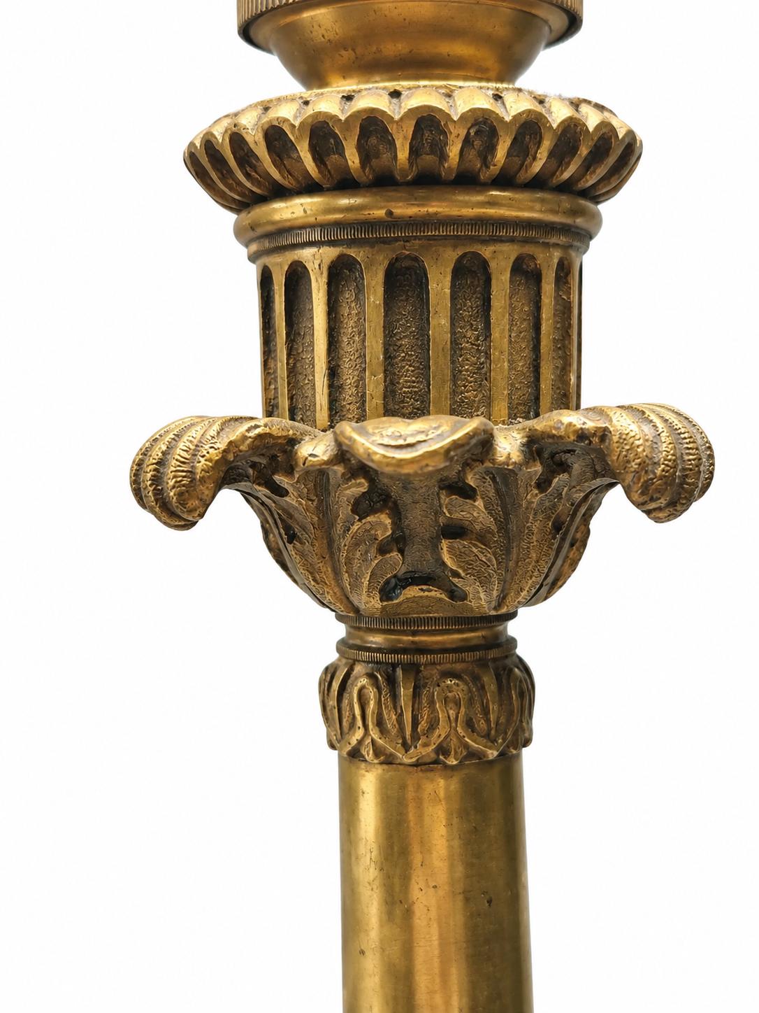 French Candlestick Table Lamp, Foliate Stem on Scrolled Tripod Base, Patinated Metal — Early 20th Century