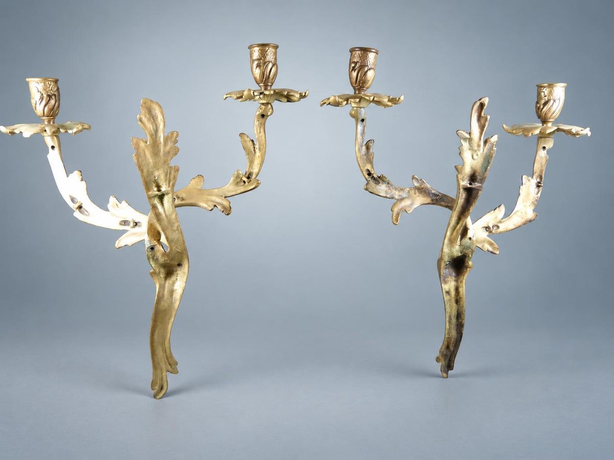 Pair of French Gilt Bronze Wall Sconces, Louis XV Rocaille, Unwired — France, Early 20th Century