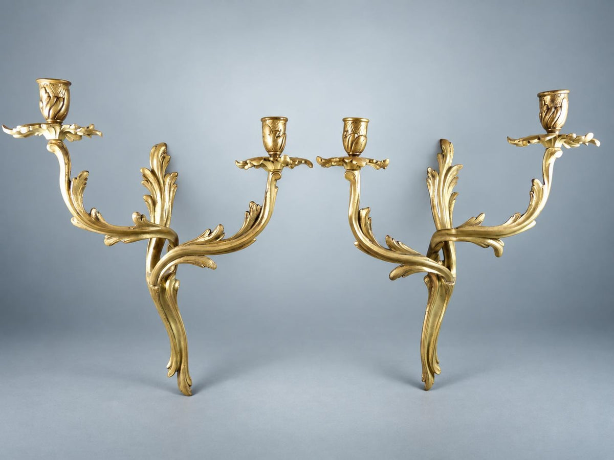 Pair of French Gilt Bronze Two-Arm Candle Sconces, Louis XV Rocaille Acanthus — France, Early 20th Century