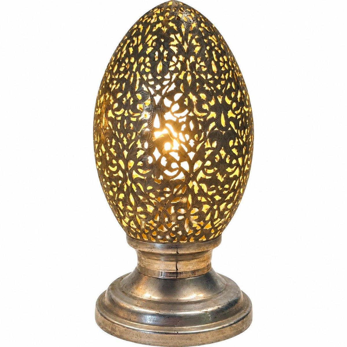 Hand-Pierced Moroccan Egg Lamp, Engraved Foliage Metal Lantern 20th Century