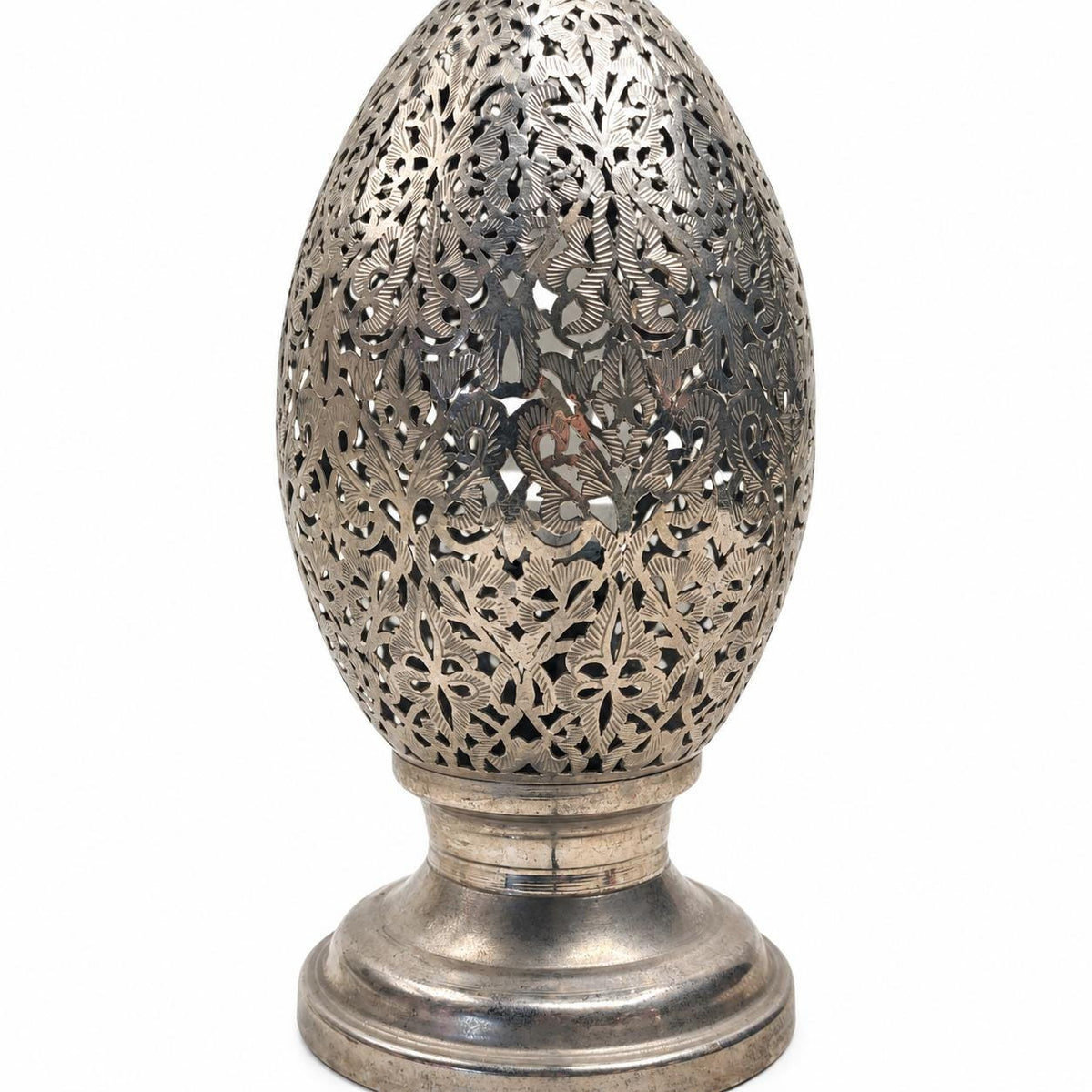 Hand-Pierced Moroccan Egg Lamp, Engraved Foliage Metal Lantern 20th Century