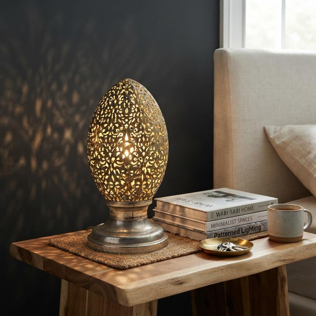 Hand-Pierced Moroccan Egg Lamp, Engraved Foliage Metal Lantern 20th Century