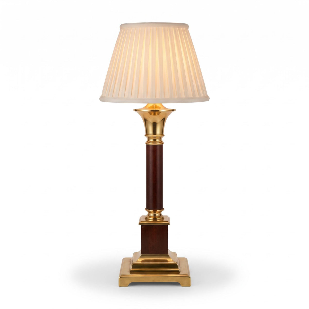 Vintage Brass and Wood Column Table Lamp, Art Deco Style — Europe, Mid-20th Century