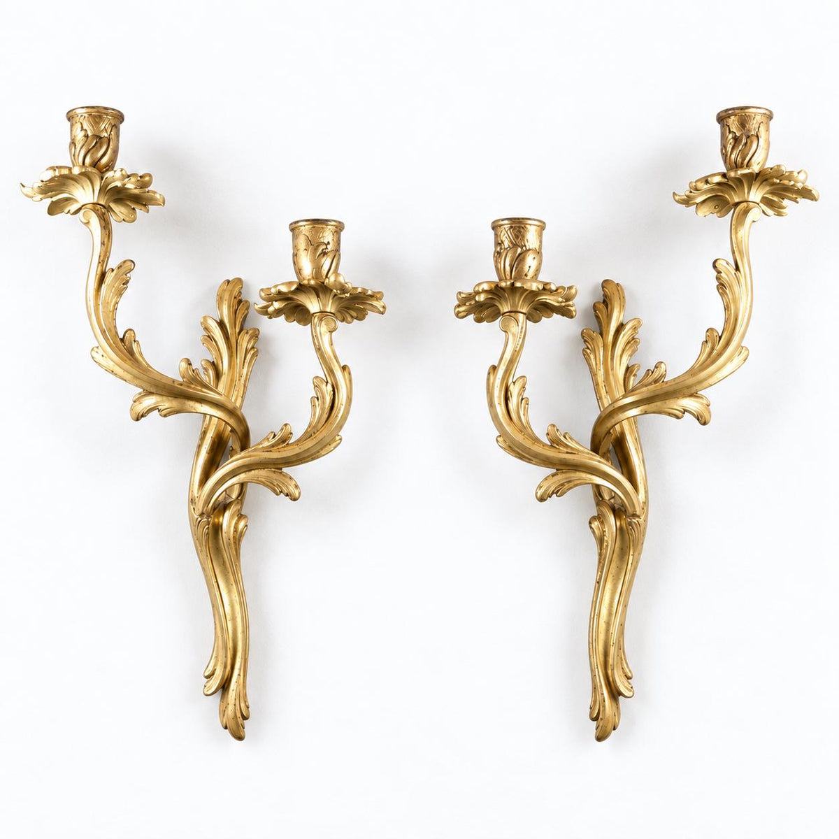 Pair of French Gilt Bronze Two-Arm Candle Sconces, Louis XV Rocaille Acanthus — France, Early 20th Century