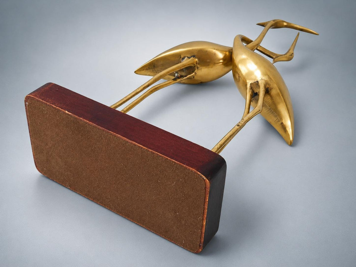 Vintage Brass Intertwined Herons Sculpture on Lacquered Wood Base — France, circa 1970