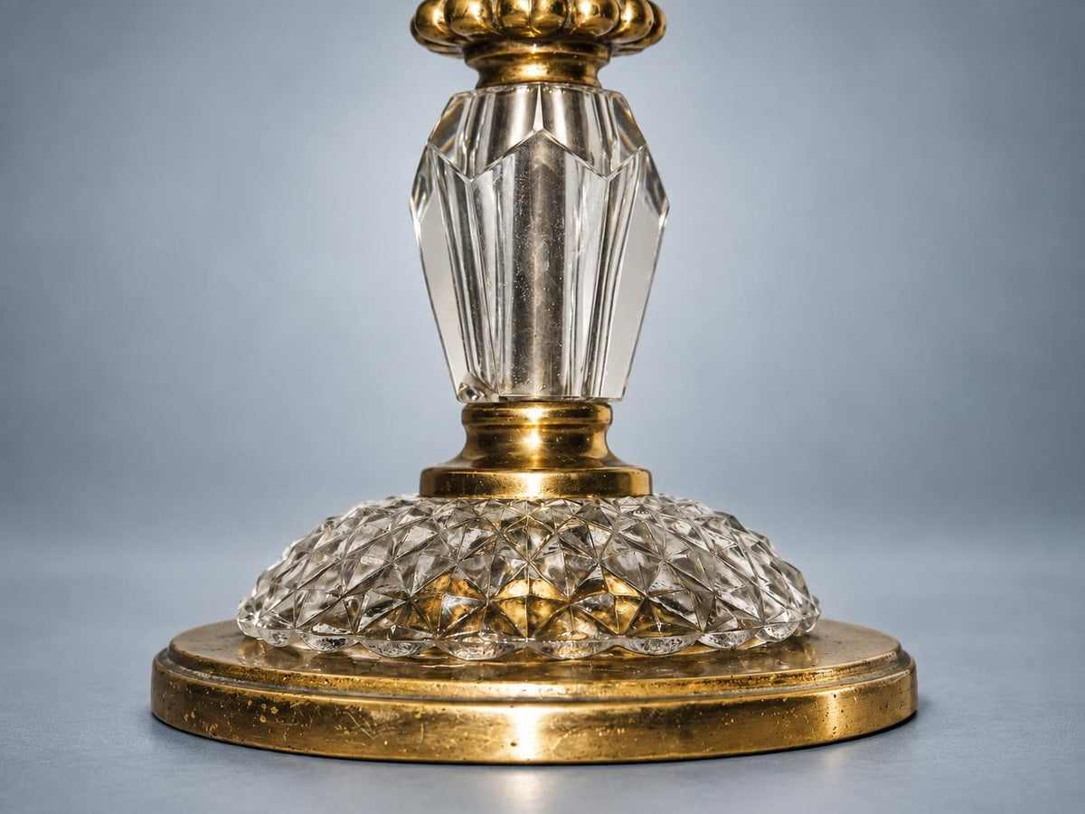 Antique French Table Lamp Base, Faceted Crystal and Gilt Brass, Flower Collar — France, Early 20th Century