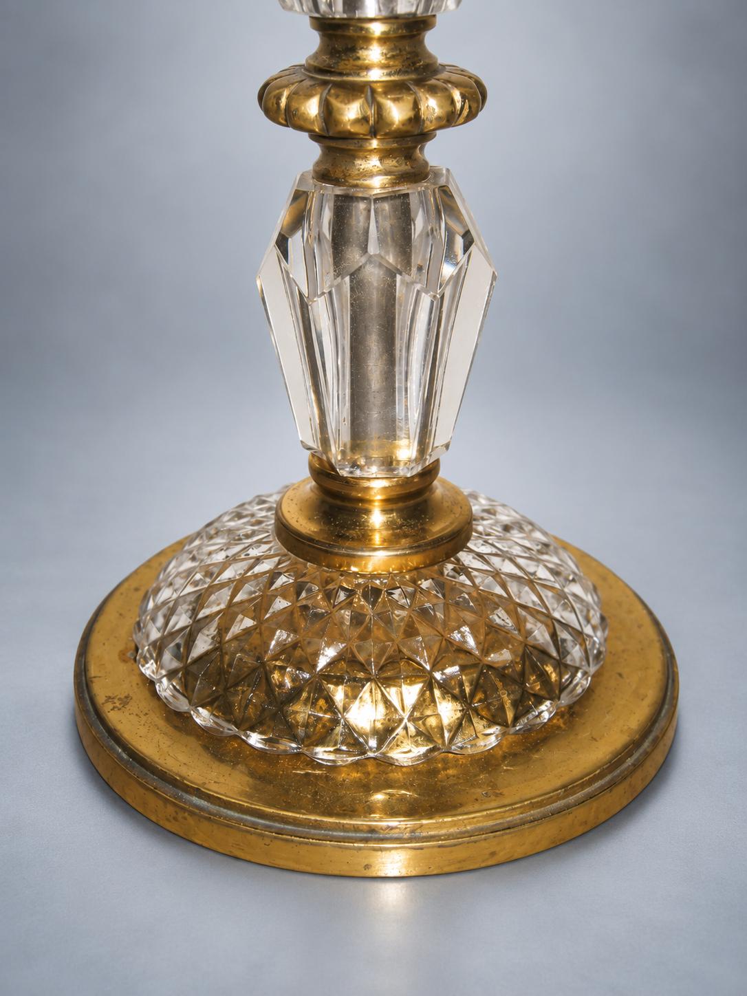 Antique French Table Lamp Base, Faceted Crystal and Gilt Brass, Flower Collar — France, Early 20th Century