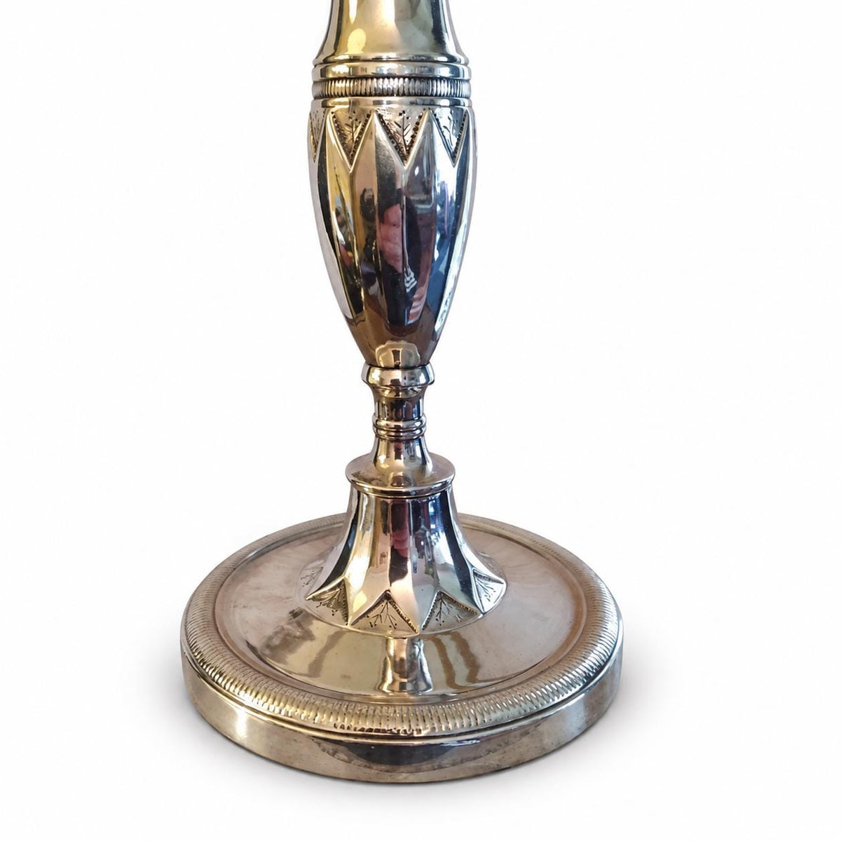 Silver Tone Candlestick, Geometric Chased Candle Holder with Ringed Column — French Style, Art Deco Taste