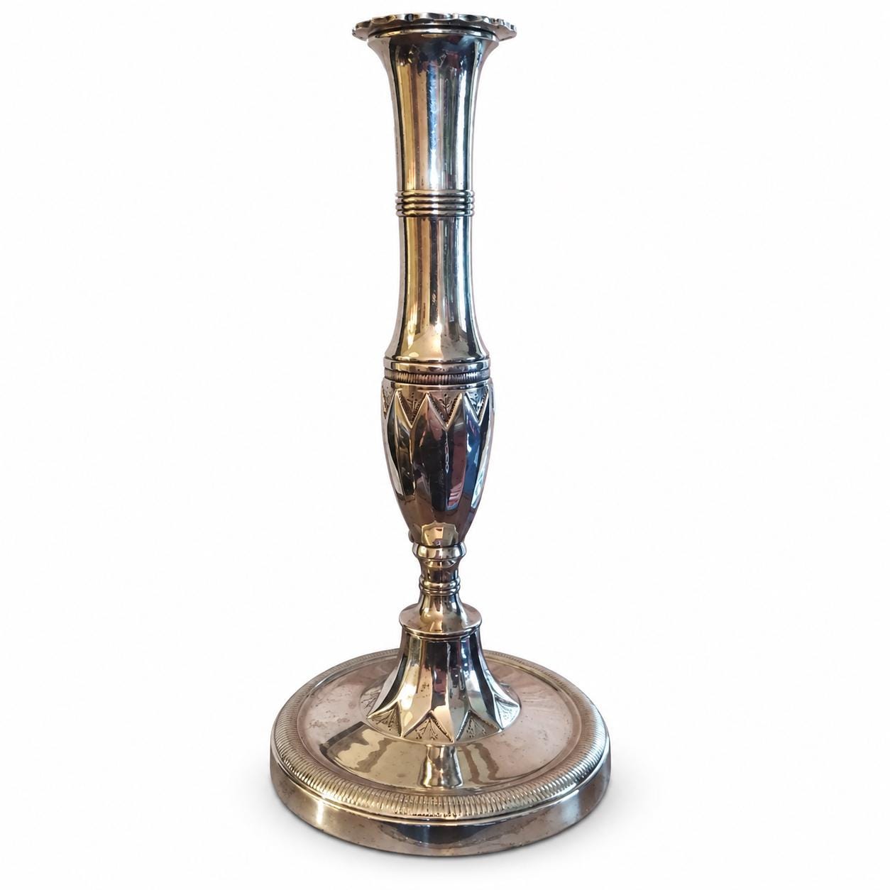 Silver Tone Candlestick, Geometric Chased Candle Holder with Ringed Column — French Style, Art Deco Taste