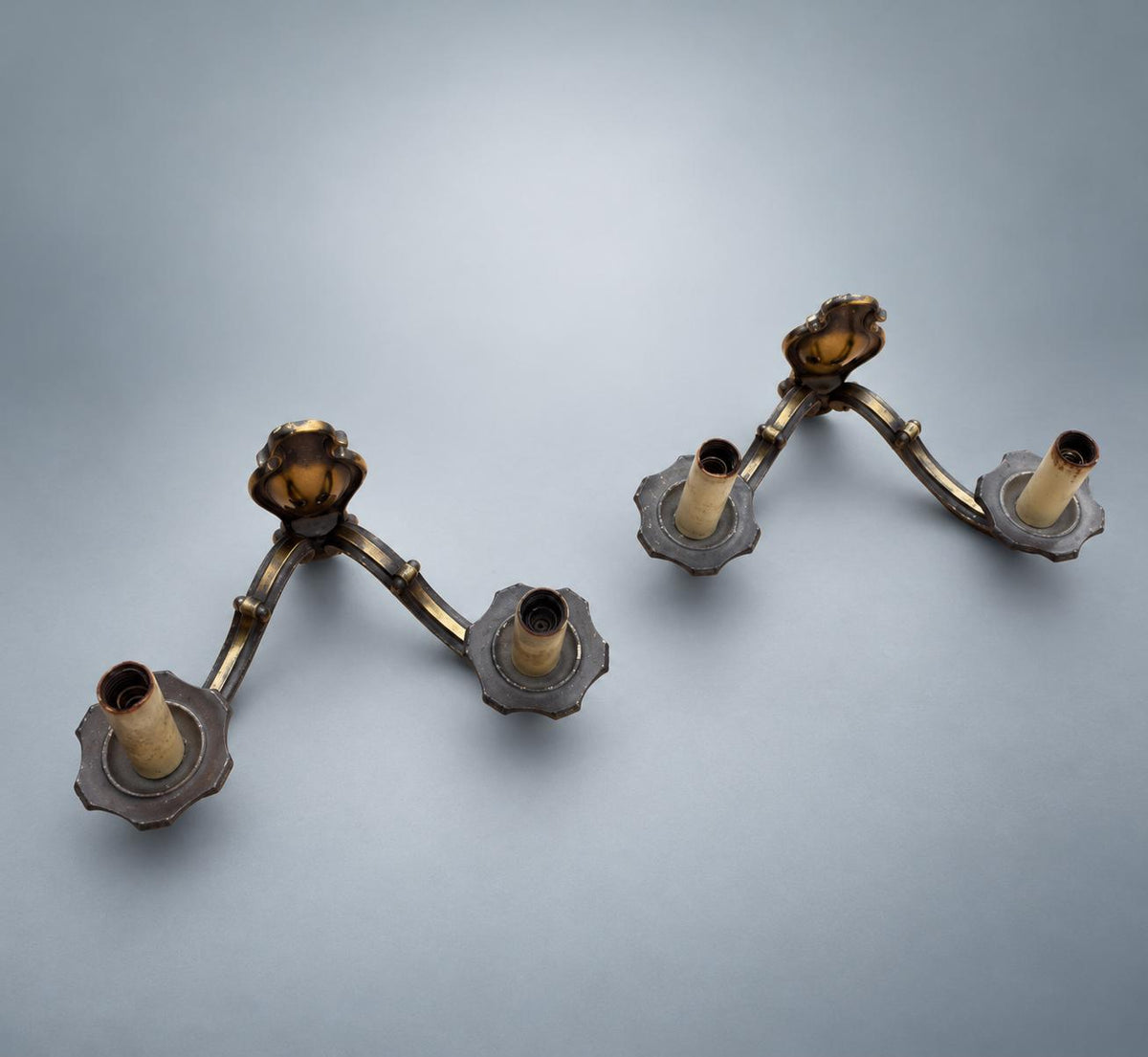 Pair of French Patinated Brass Two-Arm Wall Sconces, with White Fabric Shades — France, circa 1950
