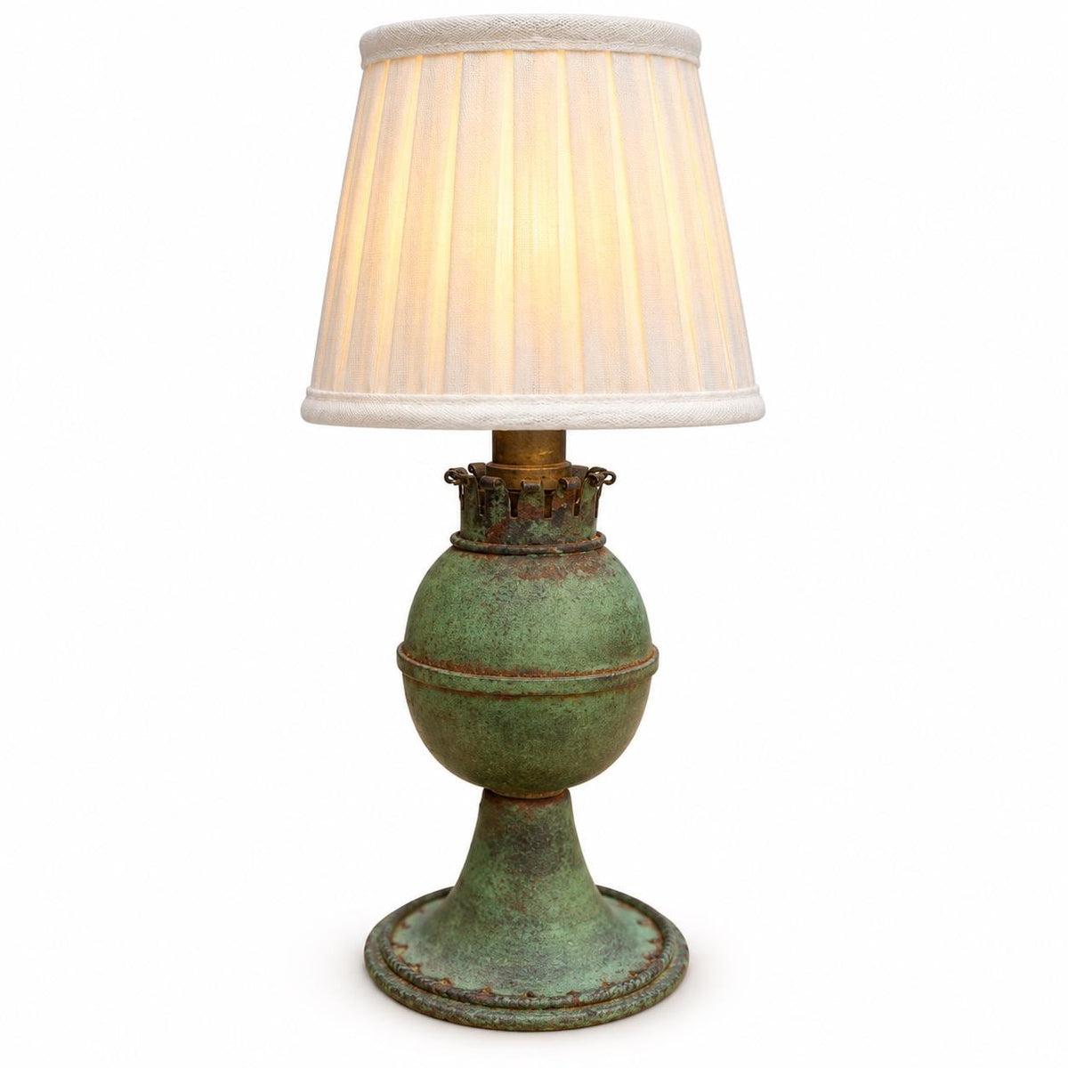 Vintage French Green Painted Metal Table Lamp, Oil Lamp Form with White Shade — France, circa 1950