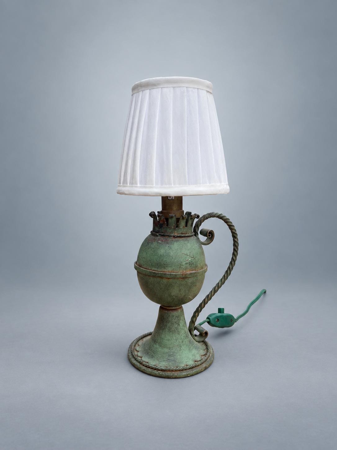 Vintage French Green Painted Metal Table Lamp, Oil Lamp Form with White Shade — France, circa 1950