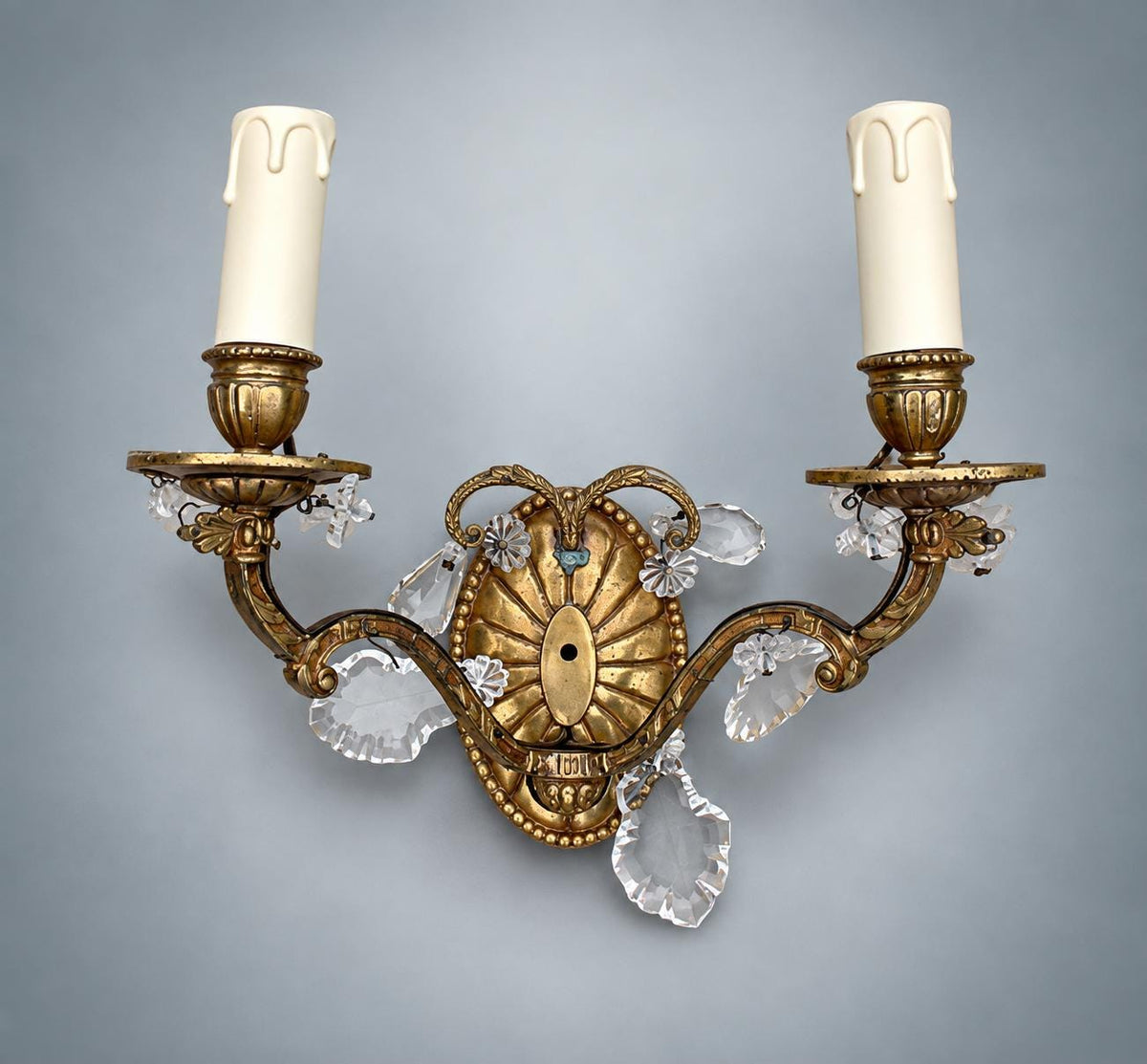 Pair of French Gilt Bronze Wall Sconces, Crystal Drops and Shell Backplate — France, Early 20th Century