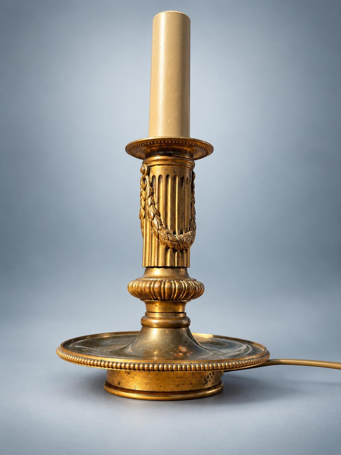 Antique French Neoclassical Brass Table Lamp, Fluted Column with Rope Swag, White Shade — France, circa 1930